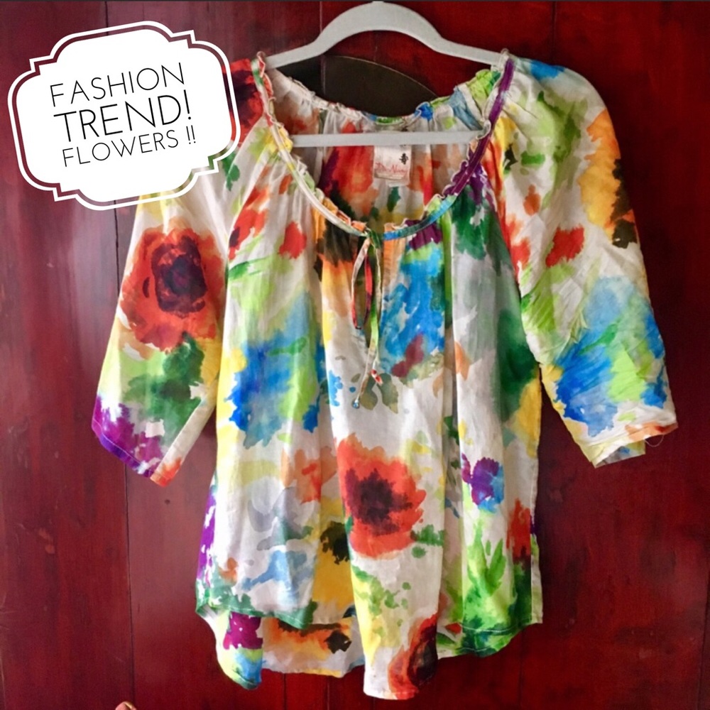 Watercolor floral blouse w/ keyhole tie neckline.